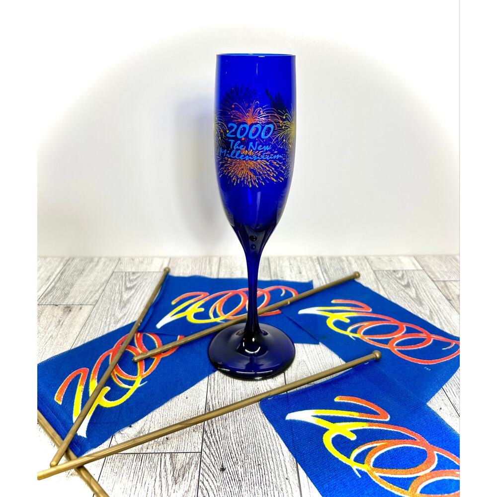 VTG Libbey Cobalt Blue Champagne Flute - 2000 Y2K Millenium Barware + Flags
